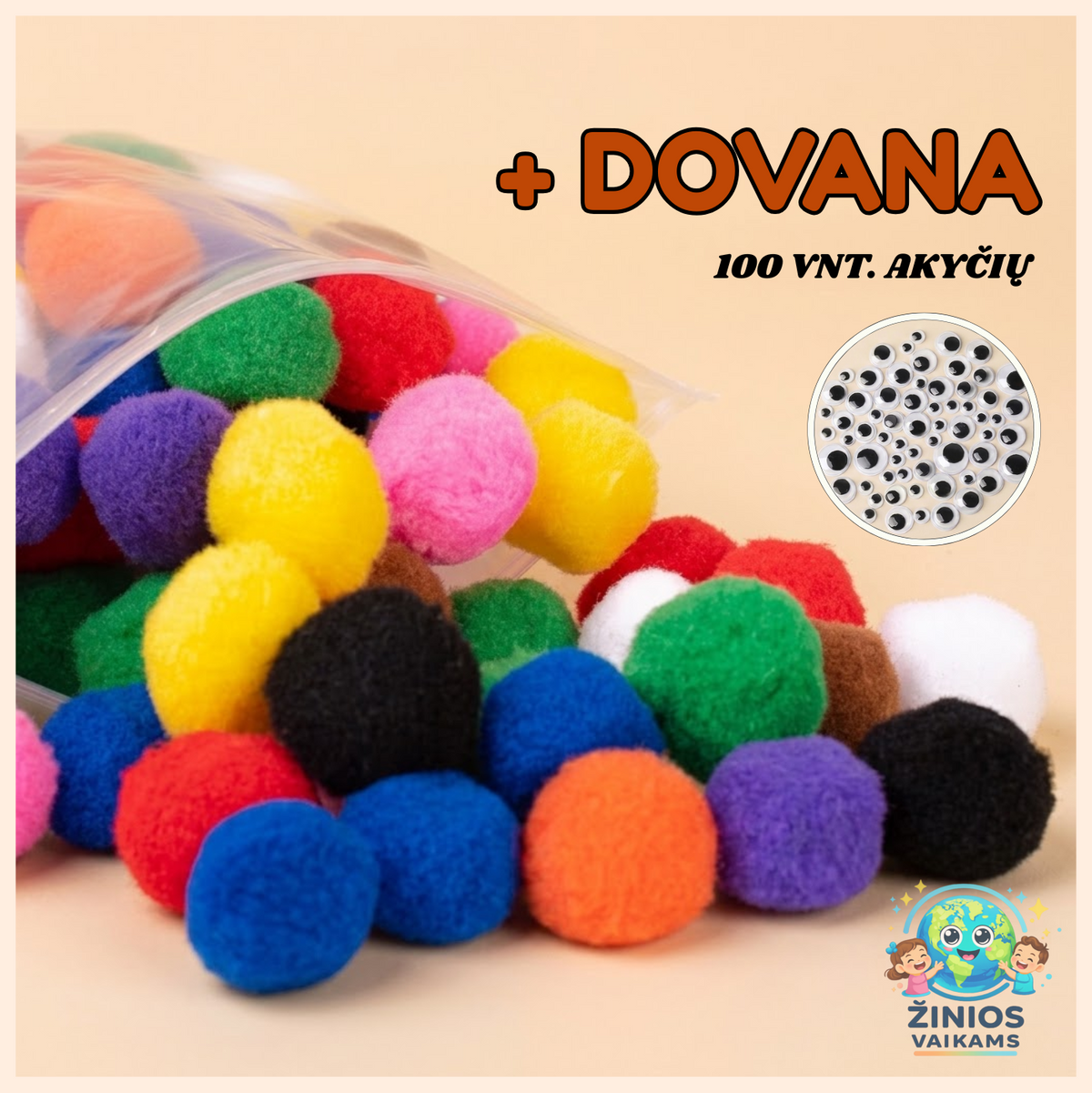 PŪKUOTI KAMUOLIUKAI (POM POM) 2cm. 100vnt.+ 100vnt. akyčių.
